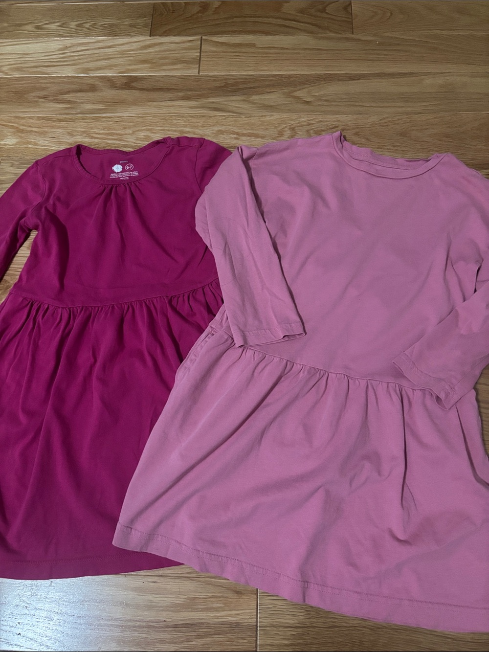 Primary Girls Long Sleeve Cotton Dresses - Dark Pink & Light Pink